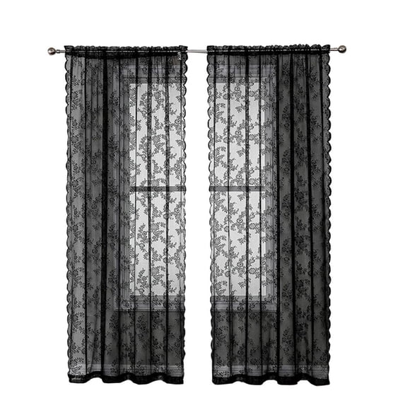 Black Lace Curtains 2 Panels Set -Vintage Sheer Gothic Curtains for Bedroom French Door Boho Decor