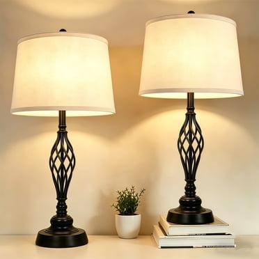 Tnuyoah 29'' Tall Table Lamp set of 2 - Farmhouse Lamp for Living Room, Traditional Metal Bedside Lamp with Beige Linen Shade, Spiral Cage Design, Rotary Switch (Black)