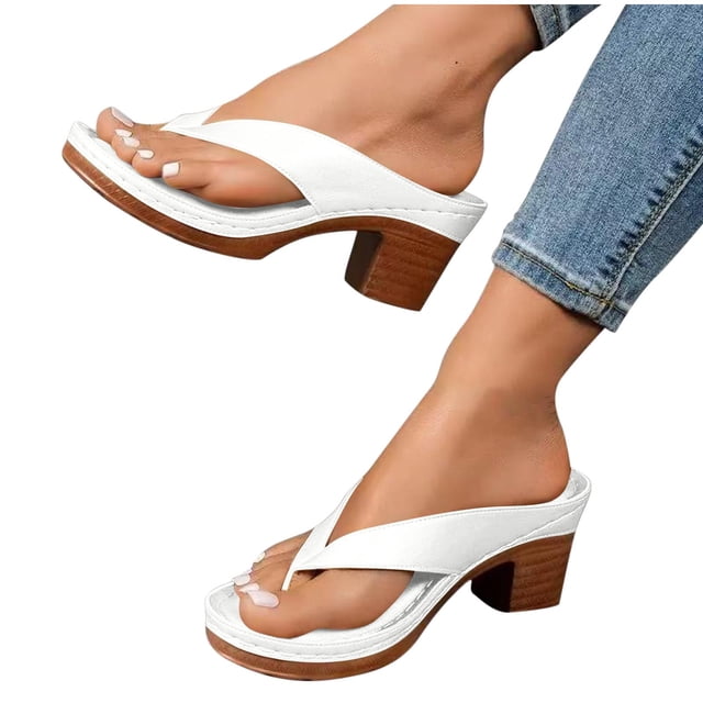 Heel Sandals for Women Flip Flops Slide Block Chunky Heel Soft Sole Beach Summer Backless Pumps White