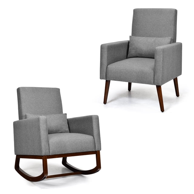 Patiojoy Set of 2 Dual-use Upholstered Rocking Chair with Wood Leg & Pillow Relax Sofa Chair DarkGray