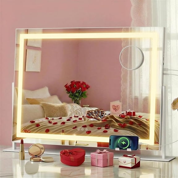 Vanity Makeup Mirror with Lights, Touch Control, Charging Ports, Detachable 10X Magnifying Mirror, 3 Color Temperatures, Phone Holder, Matte White