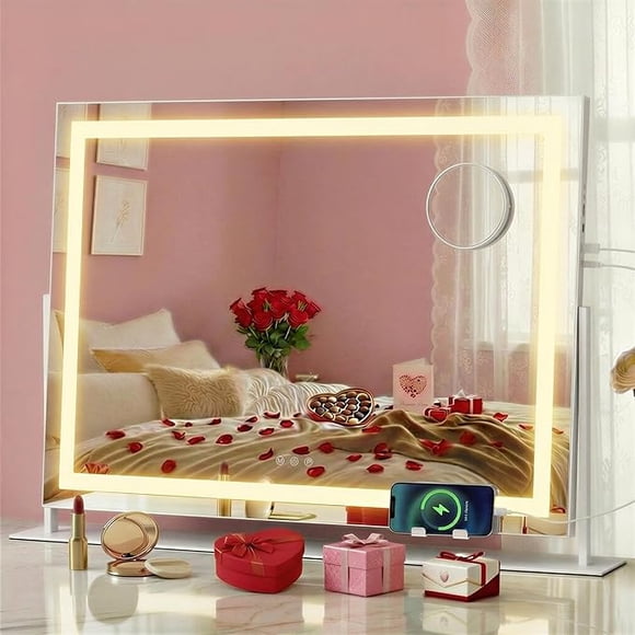 Vanity Makeup Mirror with Lights, Touch Control, Charging Ports, Detachable 10X Magnifying Mirror, 3 Color Temperatures, Phone Holder, Matte White