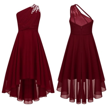 Alvivi Kids Girls Shiny Banded Wedding Bridesmaid Dress One Shoulder Pageant Evening Party Gowns Burgundy 16