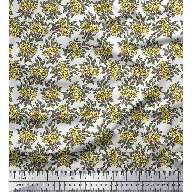 Soimoi Modal Satin Fabric Leaves & Floral Block Print Sewing Fabric Yard 42 Inch Wide