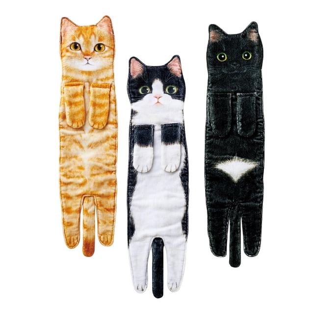 GUOOL 3 pieces Cat Funny Hand Towels Decorative Drying Towel Bathroom Drying Hands H