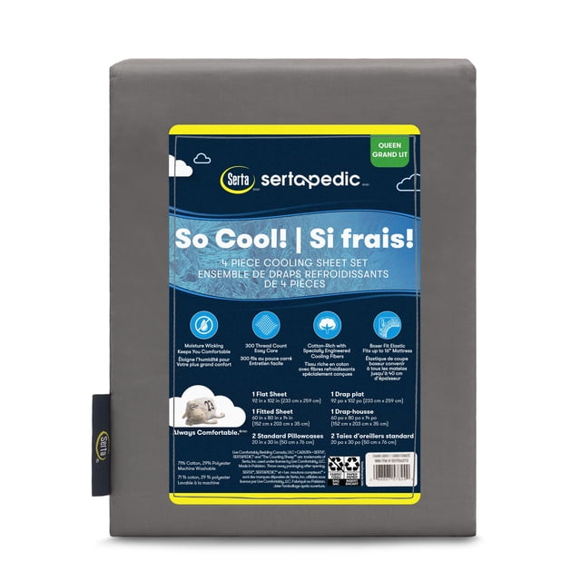 Sertapedic So Cool! 4pc Cooling Sheet Set in grey, queen size, made from a 300 thread count cotton and cooling polyester blend that wicks moisture and regulates temperature. Includes flat sheet, fitted sheet with elastic fit for mattresses up to 10 inches deep, and two standard pillowcases, suitable for hot sleepers and warm climates.