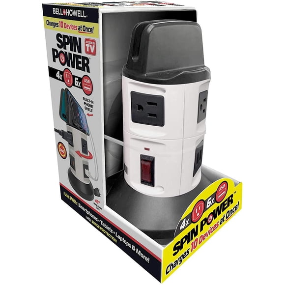 Bell + Howell Spin Power Surge Protector Charging Station – 4 Outlets, 6 USB Ports, 7ft Retractable Cord, Built-in Phone Holder