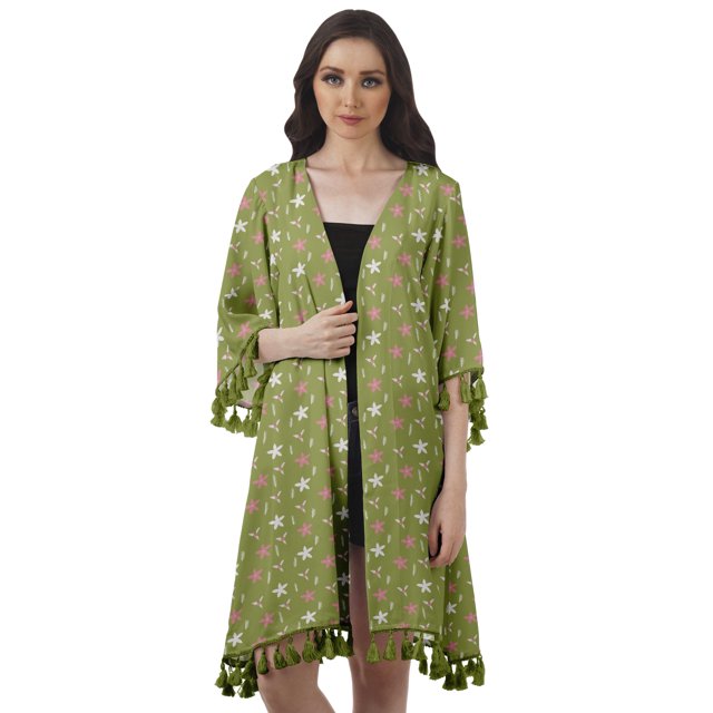 Moomaya Front Open Printed Shrug 3/4 Sleeve Georgette Beach Cover Up For Women