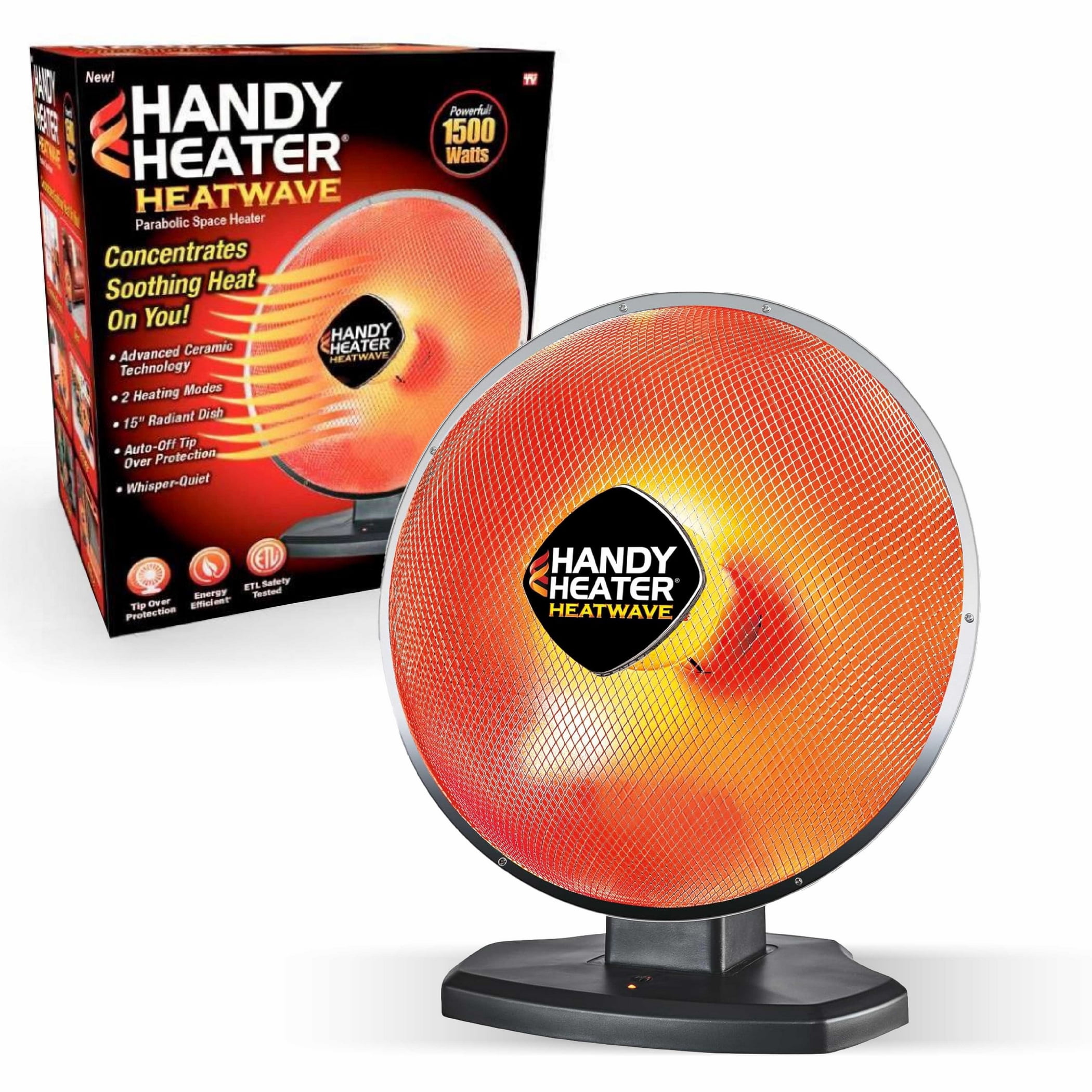 As Seen On TV Handy Heater Heatwave Parabolic Portable Space Heater 1200 Watt Ceramic 15” Dish Auto-Off Safety