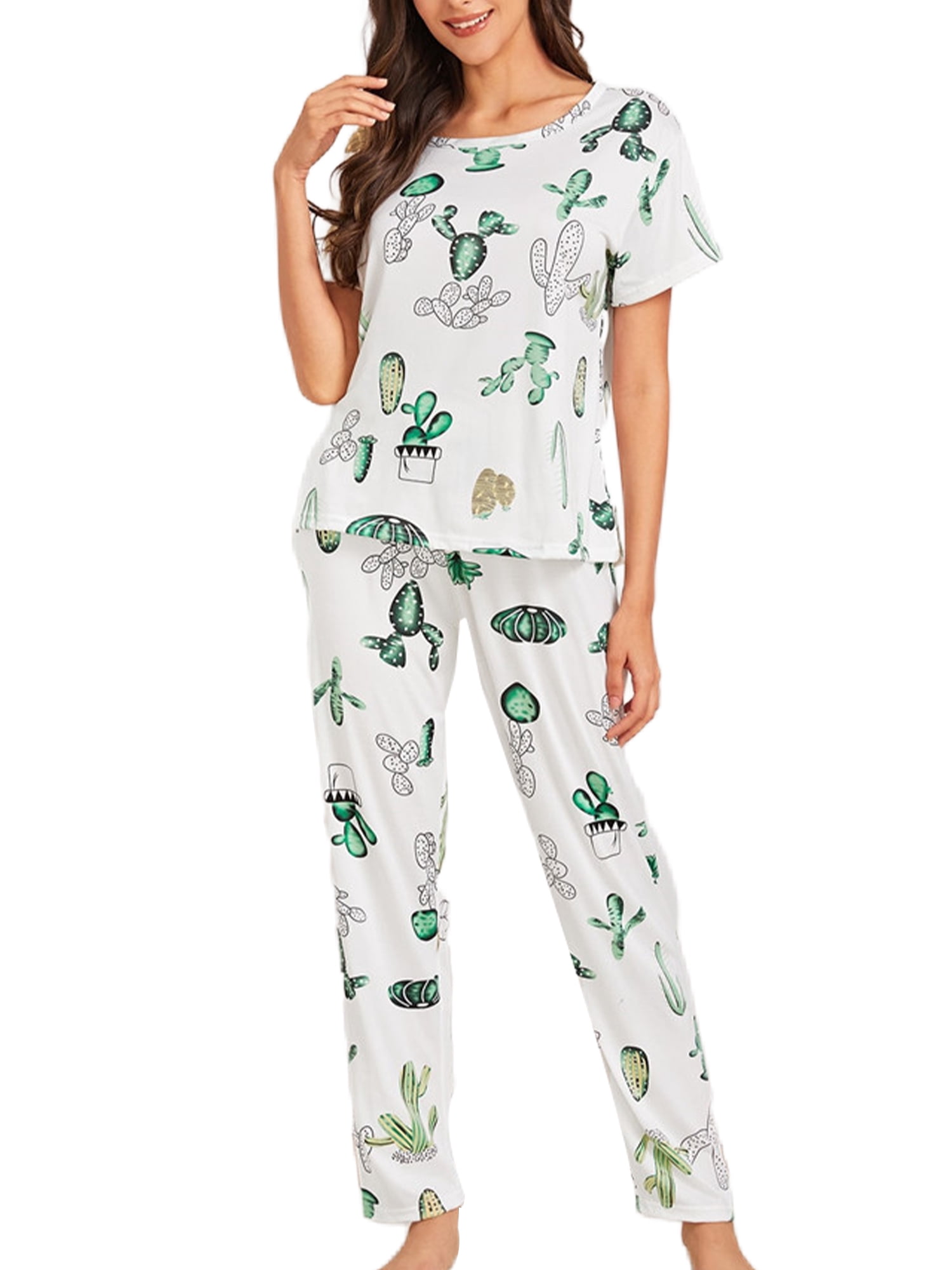 Innerwin Pajamas Set Plaid Printed Ladies Sleepwear Home Color Block Basic Nightwear Cactus M