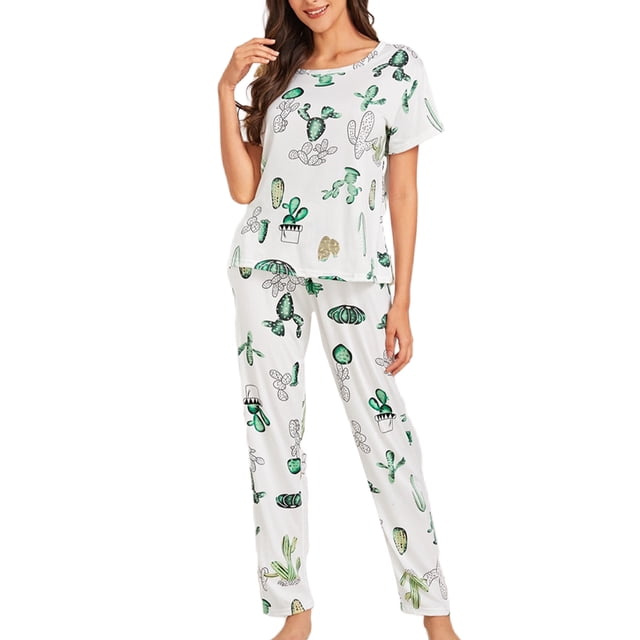 Innerwin Pajamas Set Plaid Printed Ladies Sleepwear Home Color Block Basic Nightwear Cactus XL
