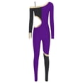 thumbnail image 3 of Raenseen Womens' Long Sleeve Unitard Gymnastics Ballet Dance Bodysuit Metallic Color Block Jumpsuit Purple S, 3 of 5