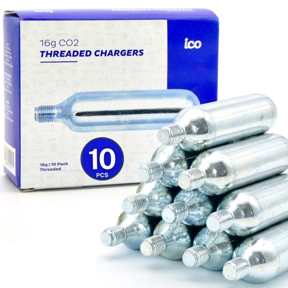 ICO 16g CO2 Cartridges Threaded for CO2 Bike Pump for Bicycle Tire Repair for Presta and Schrader Valves, Food Grade, 10-pk