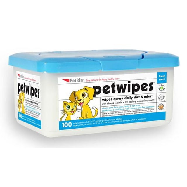 Petkin Petwipes 100ct in a white rectangular container with a blue lid, featuring cartoon dog and cat on the label, extra thick moist wipes designed for dog grooming to clean, deodorize, and condition pet skin and coat with a fresh scent.