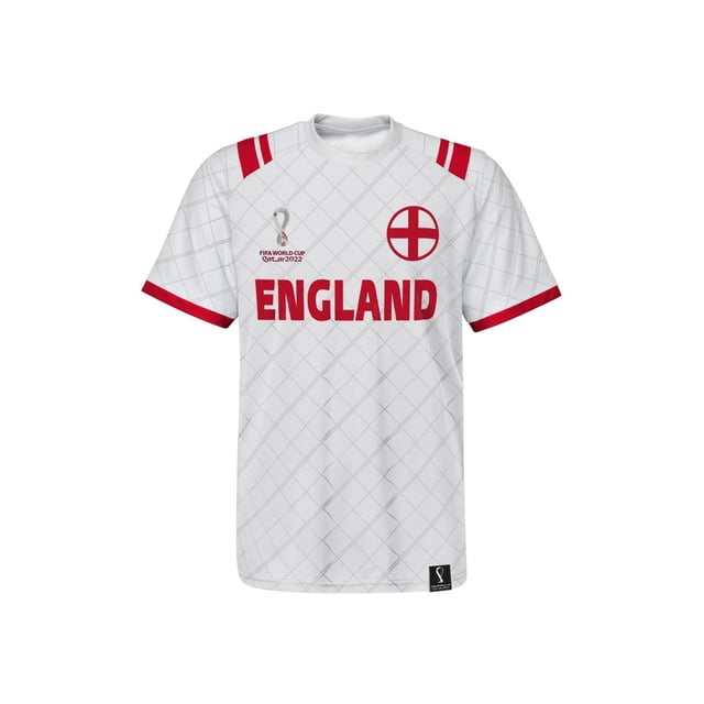 Chandail pour Hommes England FIFA Worldcup en Blanc avec Motif à Grille en Losanges, Rayures d'Épaule Rouges et Poignets de Manche, Lettrage « England' » Rouge Audacieux à l'Avant, Emblème Croix England sur la Poitrine Droite, logo FIFA World Cup Qatar 2022 sur la Poitrine Gauche, et une Étiquette de Licence FIFA à l'Ourlet, Idéal pour les Amateurs de soccer Montrant Leur Soutien aux 3 Lions.