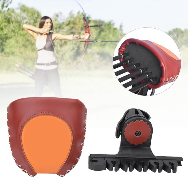 Wchiuoe Recurved Bow Quiver with leather appearance, featuring a red and orange design. Includes a quiver box with internal EVA filling for shock absorption and protection of archery equipment, and a holder for convenient storage. Lightweight and portable, ideal for hunting and archery activities. A practical archery accessory for recurved bows.