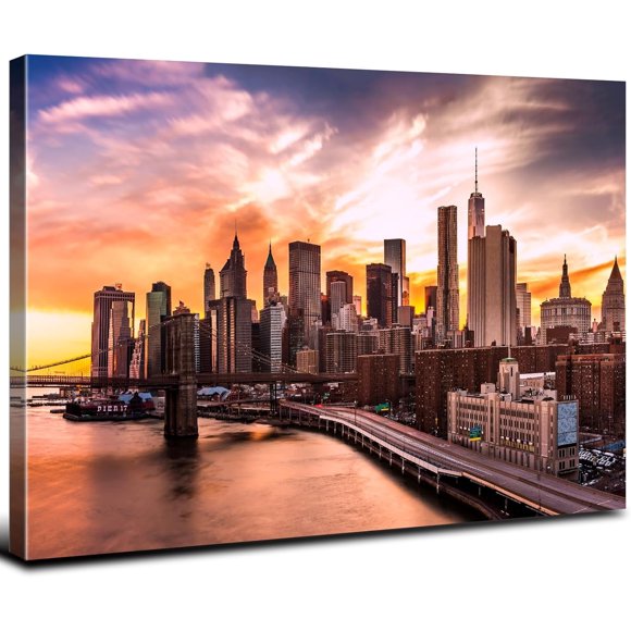 Bedroom Modern Wall Decor Brooklyn Bridge Cityscape Skyline Canvas Prints for Office NYC Downtown Sunset Pictures Skyscraper Panoramic Artwork Living Room Home Decor 12x16”