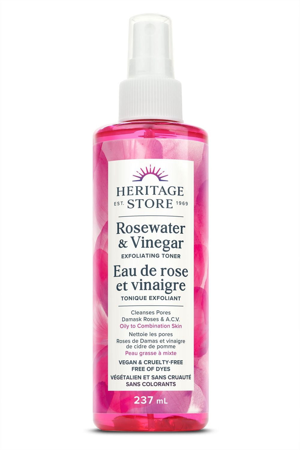 Heritage Store - Tonifiant exfoliant au vinaigre d'eau de rose | Clense les pores et clarifie | Végétalien et sans cruauté envers les animaux | Sans colorants | Type de peau grasse à mixte | 237 ml