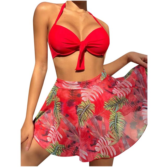 Birdeem Womens Printed High Waisted Split Swimsuit Three-Piece Swimsuit Set