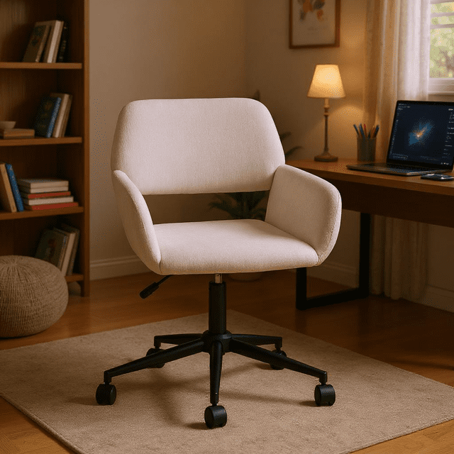Homy Casa Ergonomic Task Chair with beige chenille fabric upholstery, padded armrests, adjustable height lever, and black metal five-star swivel base with caster wheels, set on a beige rug in a home office with wooden flooring, desk, laptop, lamp, and bookshelf.