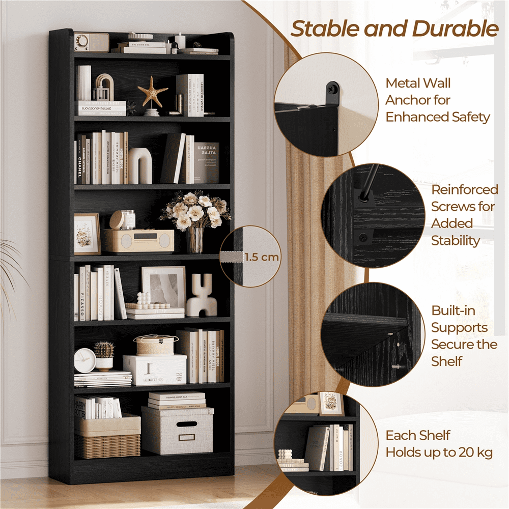 FullFurnique 7-layer Simple Tall Bookshelf with Top Open Compartment, Black