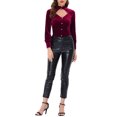 thumbnail image 2 of INSPIRE CHIC Women's Gochic Ruffled Stand Collar Cutout Long Sleeve Velvet Blouse S Wine Red, 2 of 5