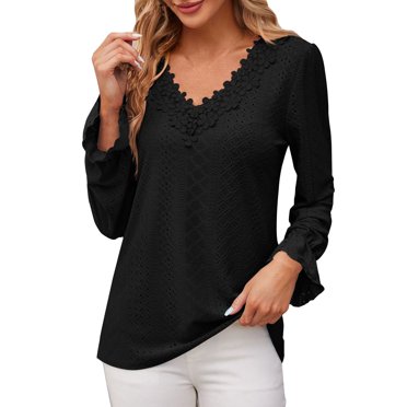 FAIWAD Women's Lace Splicing V-Neck Tunic Tops Spring Long Sleeve Hollow Out Casual Pullover Tops