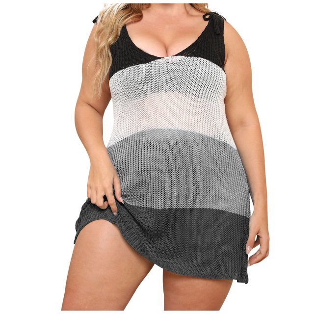 Plebaso Plus Size Women's Crochet Cover ups Tie Straps Beach Bikini Cover up Backless Color Block Dress