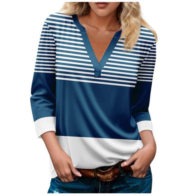 FAIWAD Hauts pour Femmes Classiques à Rayures Color Block T-Shirts Habillés Décontractés Col en V Manches 3/4 Blouses