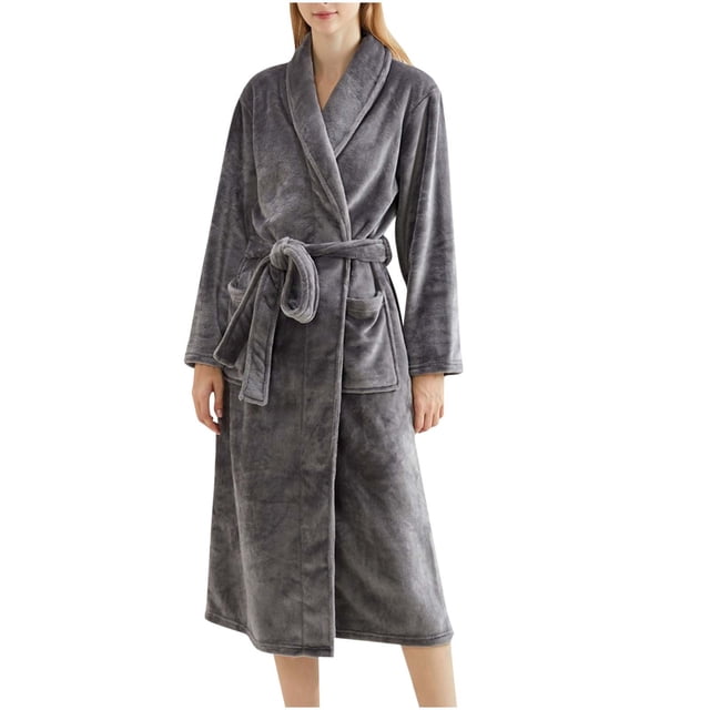 Womens Soft Warm Robe, Fleece Thick Long Sleeve Bathrobe, Unisex Fall Winter Flannel Pajamas Robes with Pockets Gray XL
