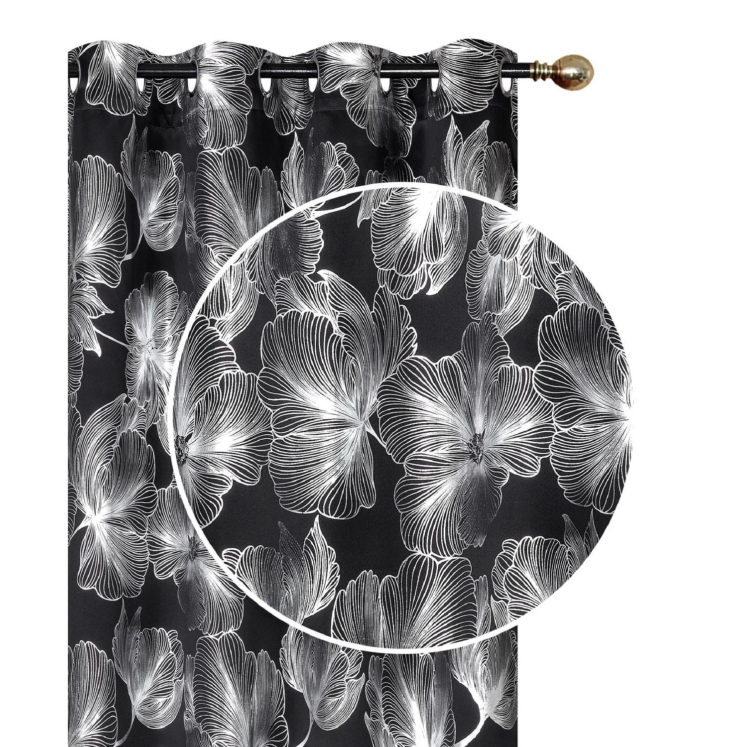IH Casa Decor Foil Print Pannel W 8 Grom Hibiscus Black 96" - Ensemble De 2