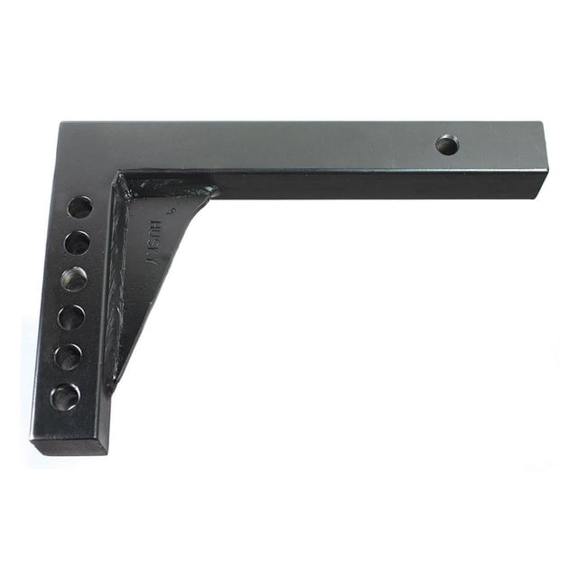 Husky Towing Weight Distribution Hitch Shank 32555 2-1/2 x 2 Inch Square; 14 Inch Length Shank; 7-1/2 Inch Rise; 10 Inch Drop — centered, front-facing 2-1/2 x 2 inch square hitch shank with 14-inch visible length and multiple pin holes, dark matte finish on a plain white background; for weight-distribution towing setups and often used as an adapter for hitch-mounted cargo or bike racks.