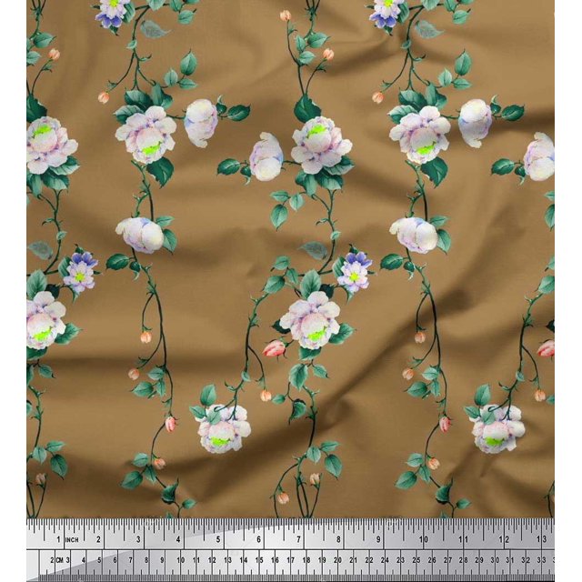 Soimoi Rayon Fabric Leaves & Peony Floral Decor Fabric Printed Yard 42 Inch Wide