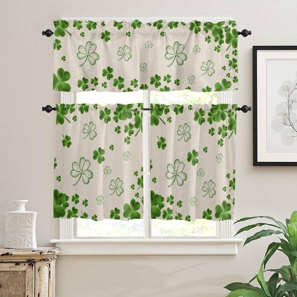 St Patrick''s Shamrock 3 PCS Kitchen Curtain Valance and Tiers Set, Rod Pocket Small Half Tier Valances Window Curtains Panel, Vintage Spring Green Irish Clover 55"x36" (Set of 2 Tiers & Valance)