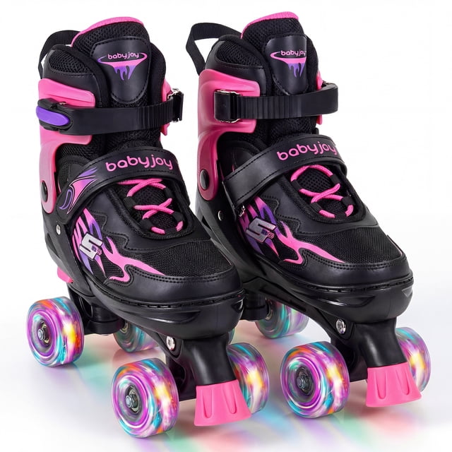 Gymax Patins à Roulettes pour Enfants pour Ados 4 Tailles Patins Quadruples Ajustables avec Roues Lumineuses Rose
