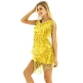 thumbnail image 2 of iEFiEL Robe Mini à Sequins Brillants à Franges pour Femmes en Faux Cuir Col en V Sans Manches Tenue de Danse Samba Or L, 2 of 6