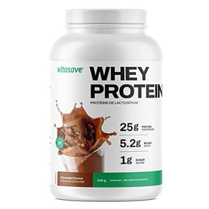 Poudre de protéines de lactosérum Vitasave – 100% Poudre de protéines de lactosérum 25g Protéines par portion – Acides aminés, sans gluten, avec des BCAA - 26 portions, 858g Tub (chocolat)