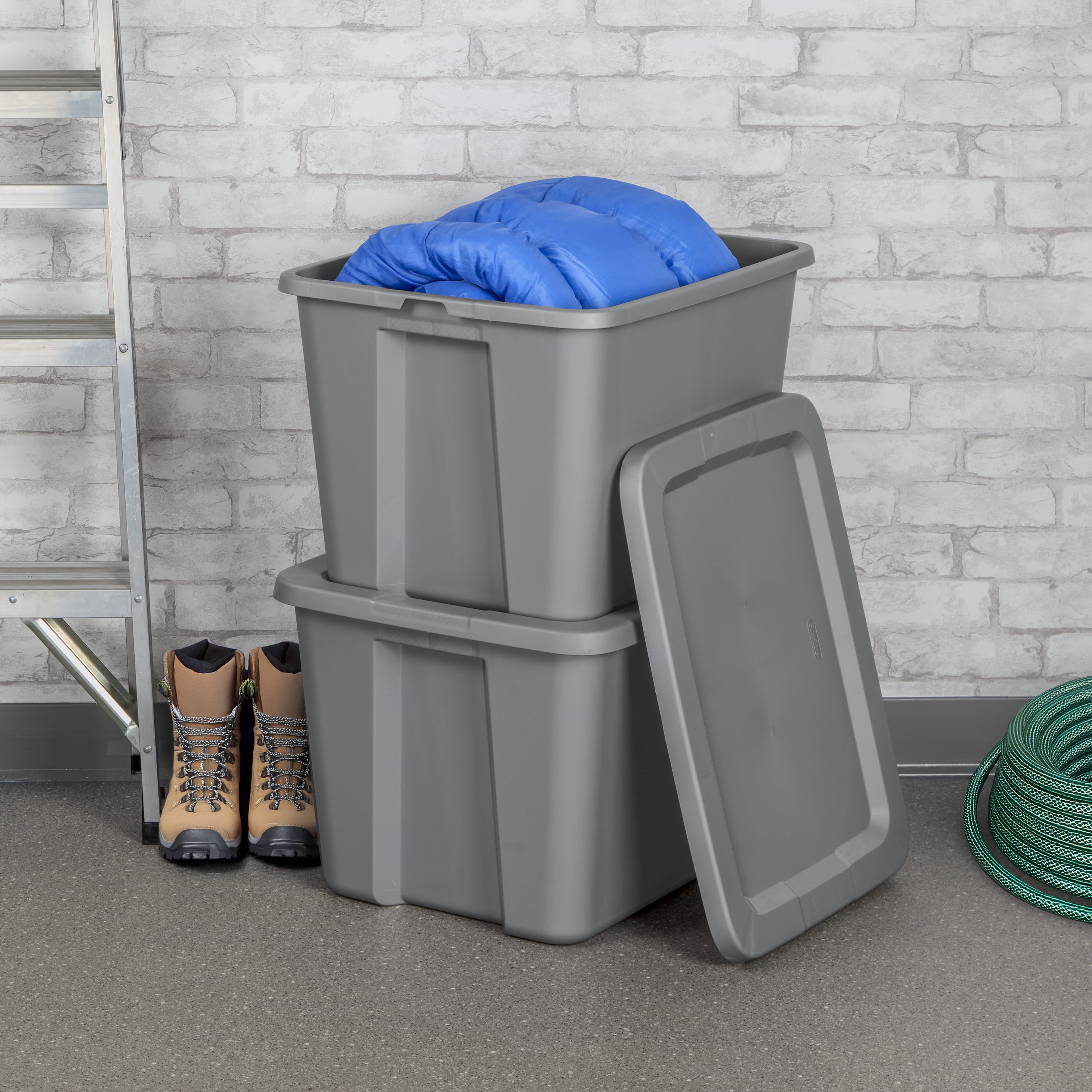 Sterilite 68 Liter, Tote  Plastic Storage Bin, Snap-on Lid with Sure-Grip Handles, Stackable, Gray - 8PK
