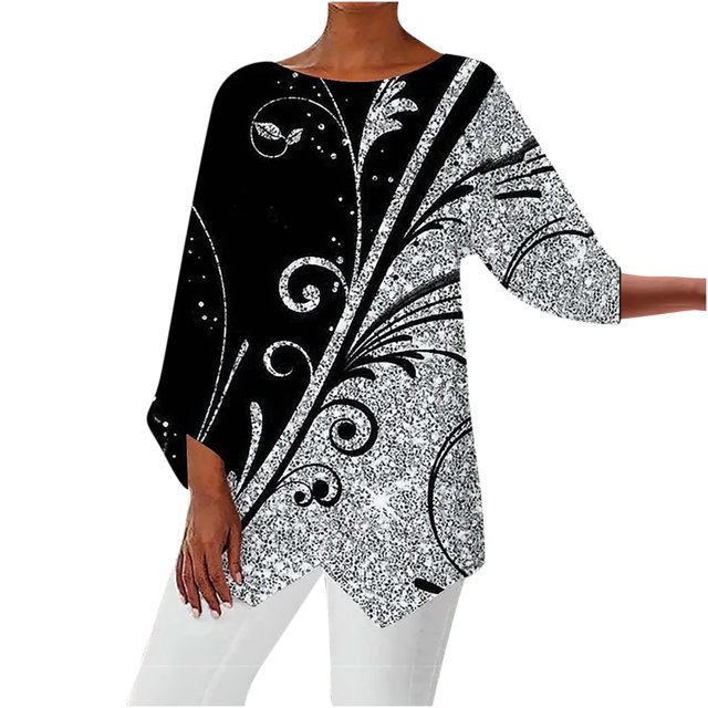 Pompotops Mode Femmes Imprimé T-shirt Mi-Longueur Manches 3/4 Blouse Col Rond Casual Tops Dégagement
