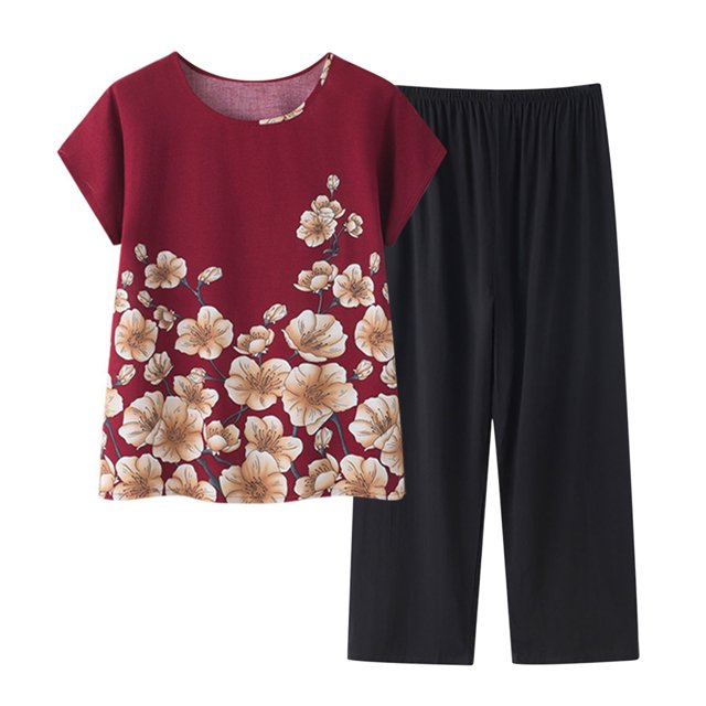 Mikilon Ensemble Élégant pour Femmes 2 Pcs Coton Lin Costume Deux Pièces Manches Courtes Col Rond Haut Imprimé Pantalon Ensemble Rouge-B 2TG
