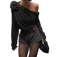 thumbnail image 1 of Gupgi Women Ruched Chiffon Tops One Shoulder Long Sleeve 3D Floral Mesh Shirt Solid Color Blouse, 1 of 5