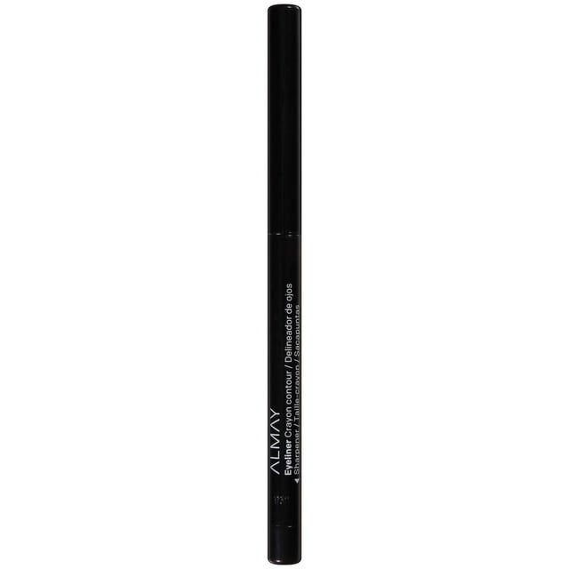 Almay Liquid Eyeliner, oil free, water resistant, and smudge proof, shown as a slim black pencil with white branding and built-in sharpener, hypoallergenic and ophthalmologist tested for precise, long-lasting eye definition.