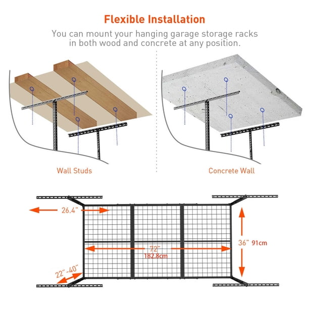 3x6ft Overhead Garage Storage Rack – Heavy-Duty Steel Ceiling Rack With 450 Lbs Capacity, 22–40 Inch Adjustable Dropdown, Fits 24″ Or 48″ Joist Spacing