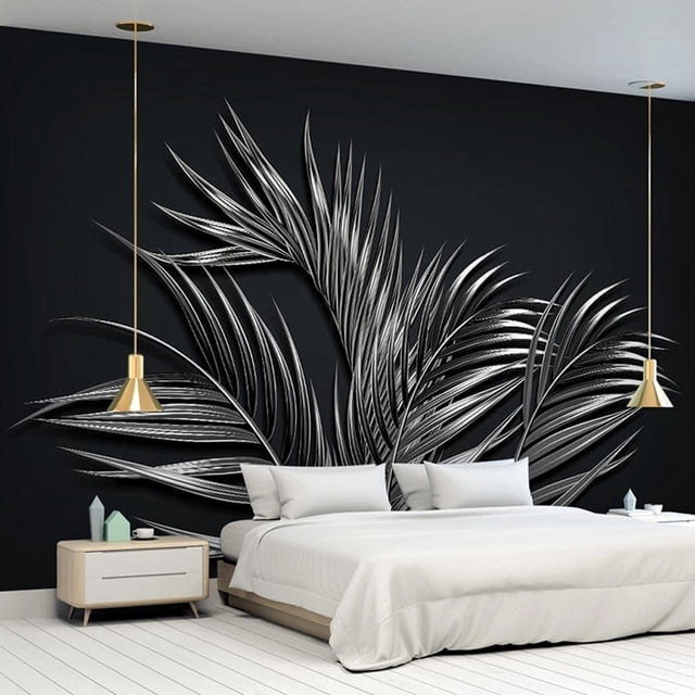Papier Peint 3D Feuille d'Acier Tropicale Noire SKU# WAL0310