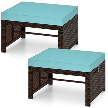 Costway Lot de 2 Poufs en Rotin pour Patio avec Coussin, Repose-Pieds, Mobilier Turquoise
