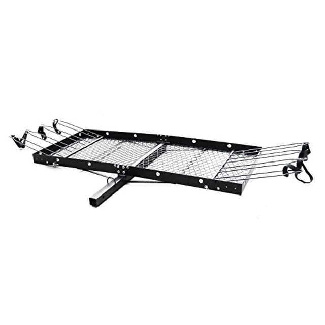 Tow Tuff TTF-2762KR Steel Cargo Carrier with Bike Rack, a black heavy-duty steel 2-in-1 cargo carrier and bike rack. Features a mesh platform measuring 27 x 62 x 3 inches, adjustable wheel holders, tie-down holes, and a pull-out bar. Supports up to 500 lbs and accommodates up to 4 bicycles, excluding fat tire bikes. Designed to fit 2-inch receivers, ideal for hauling luggage, bikes, or building materials. Includes a securing strap and rust-resistant finish.