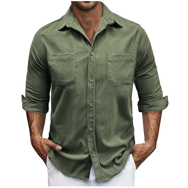 hotojiny Mens Corduroy Button down Shirts Shacket Vintage Textured Long Sleeve Jacket Lightweight Work Shirts with Pockets