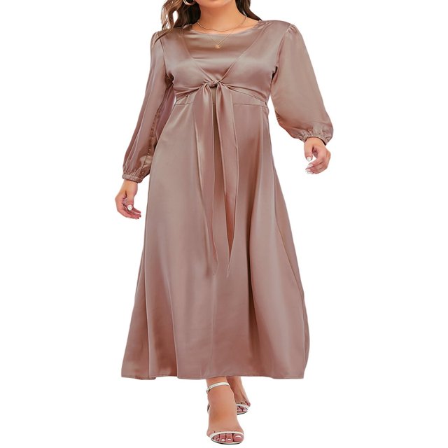 Femmes Automne Midi Robe à Manches Longues Noeud devant Robe en Satin