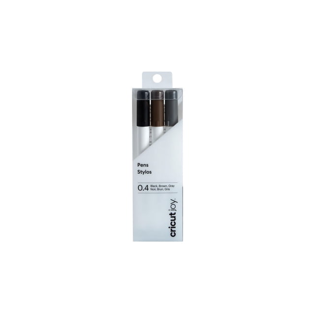 Cricut Joy™ Fine Point Pens 0.4, Black, Brown, and Gray (3 ct) in clear packaging showing three fine point pens with caps, designed for detailed writing and drawing on paper crafts, cards, and invitations using Cricut Joy, featuring water-based, acid-free ink.