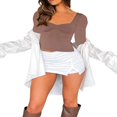 thumbnail image 4 of Bodycon Sexy Ajusté Col Carré Manches Longues T-Shirt Basique Crop Top Brun XL, 4 of 5